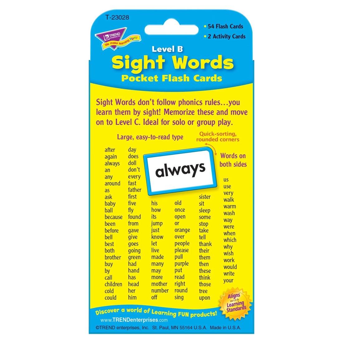 Back of package of TREND Sight Words Pocket Flash Cards Level B