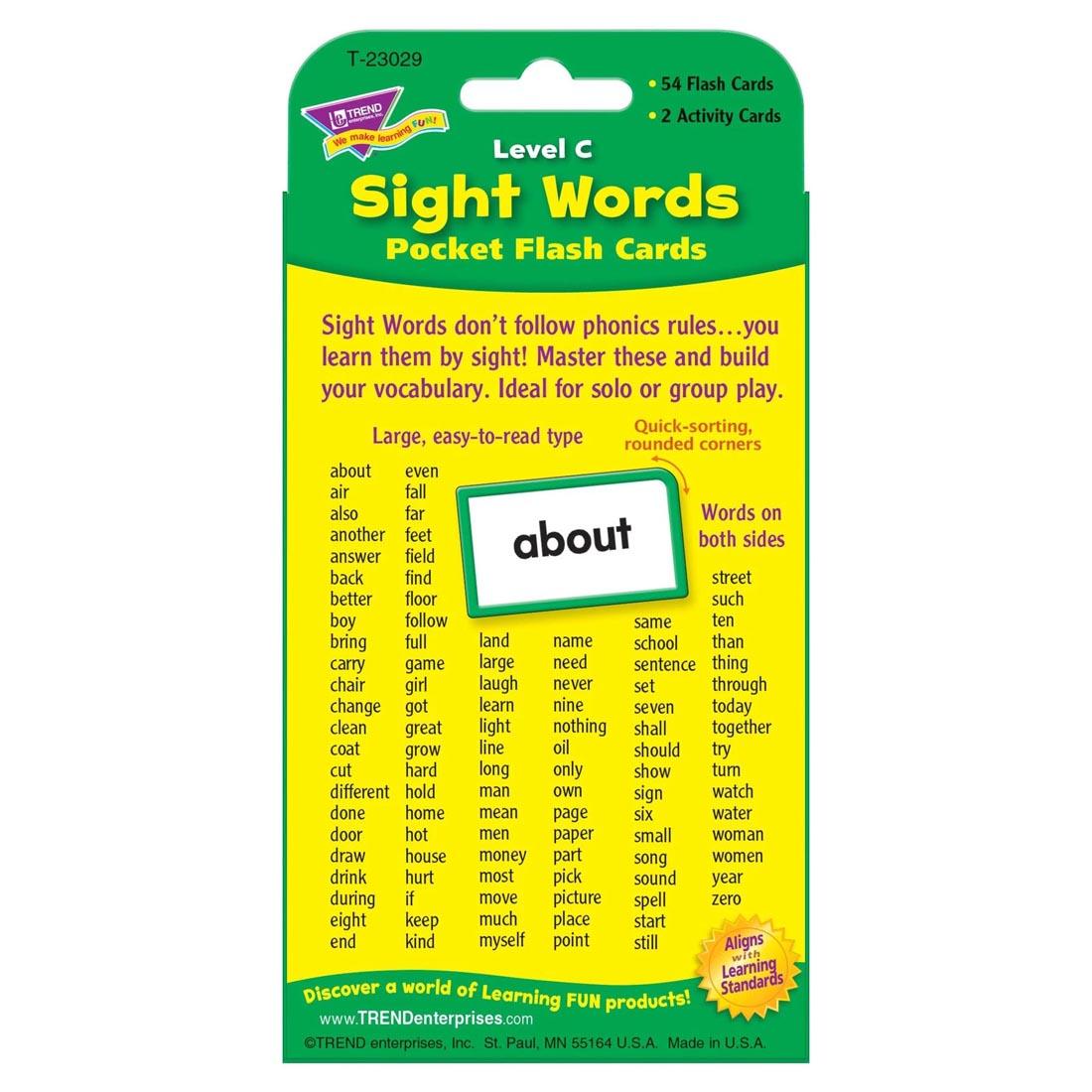 Back of package of TREND Sight Words Pocket Flash Cards Level C