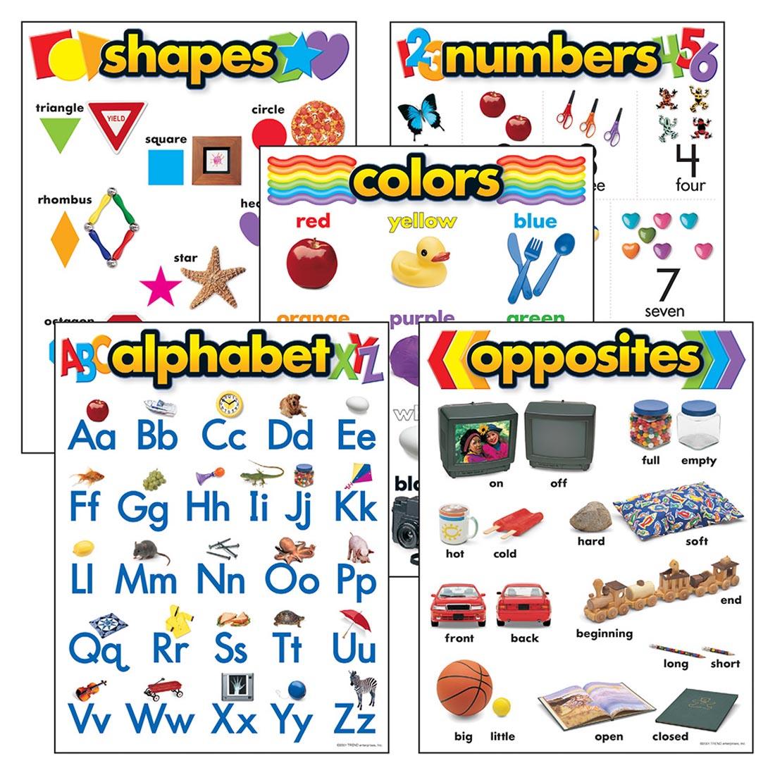 TREND Kindergarten Basic Skills Learning Charts include Shapes, Numbers, Colors, Alphabet and Opposites