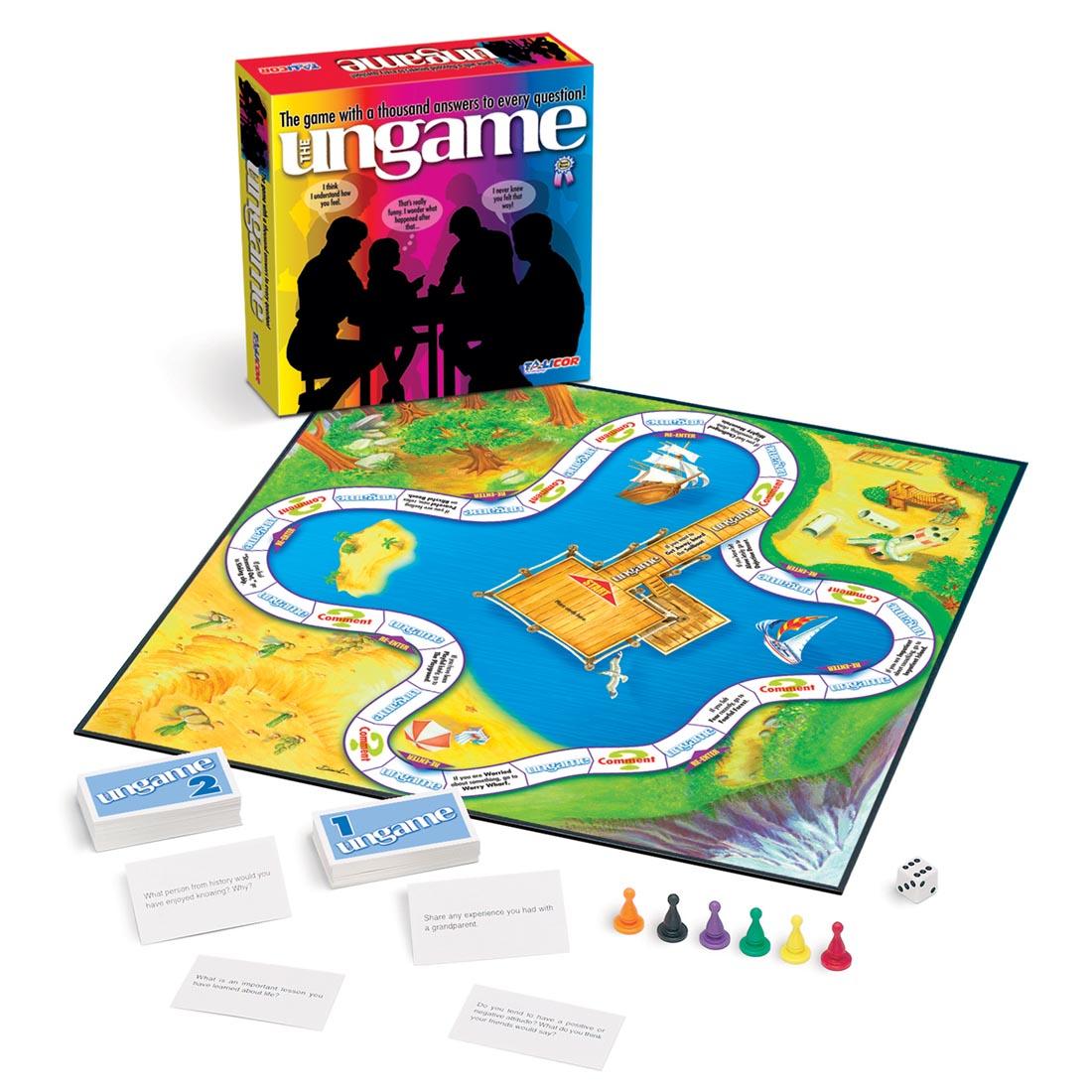 The Ungame package with game board, cards, die and six game pawns