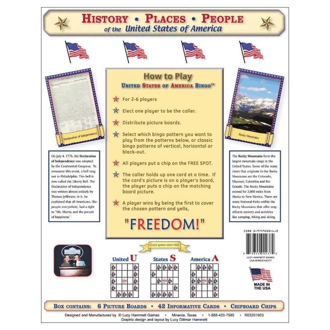 back of package for United States of America Bingo