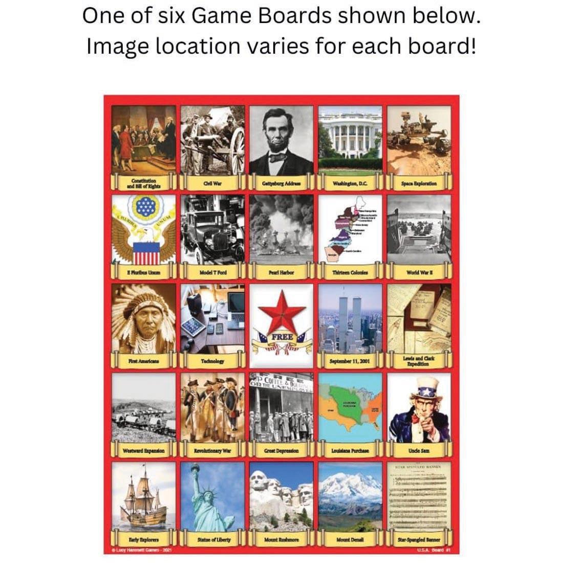 card from United States of America Bingo with text One of six Game Boards shown below. Image location varies for each board!