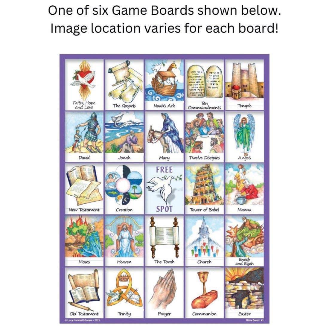 card from Bible Bingo with text One of six Game Boards shown below. Image location varies for each board!