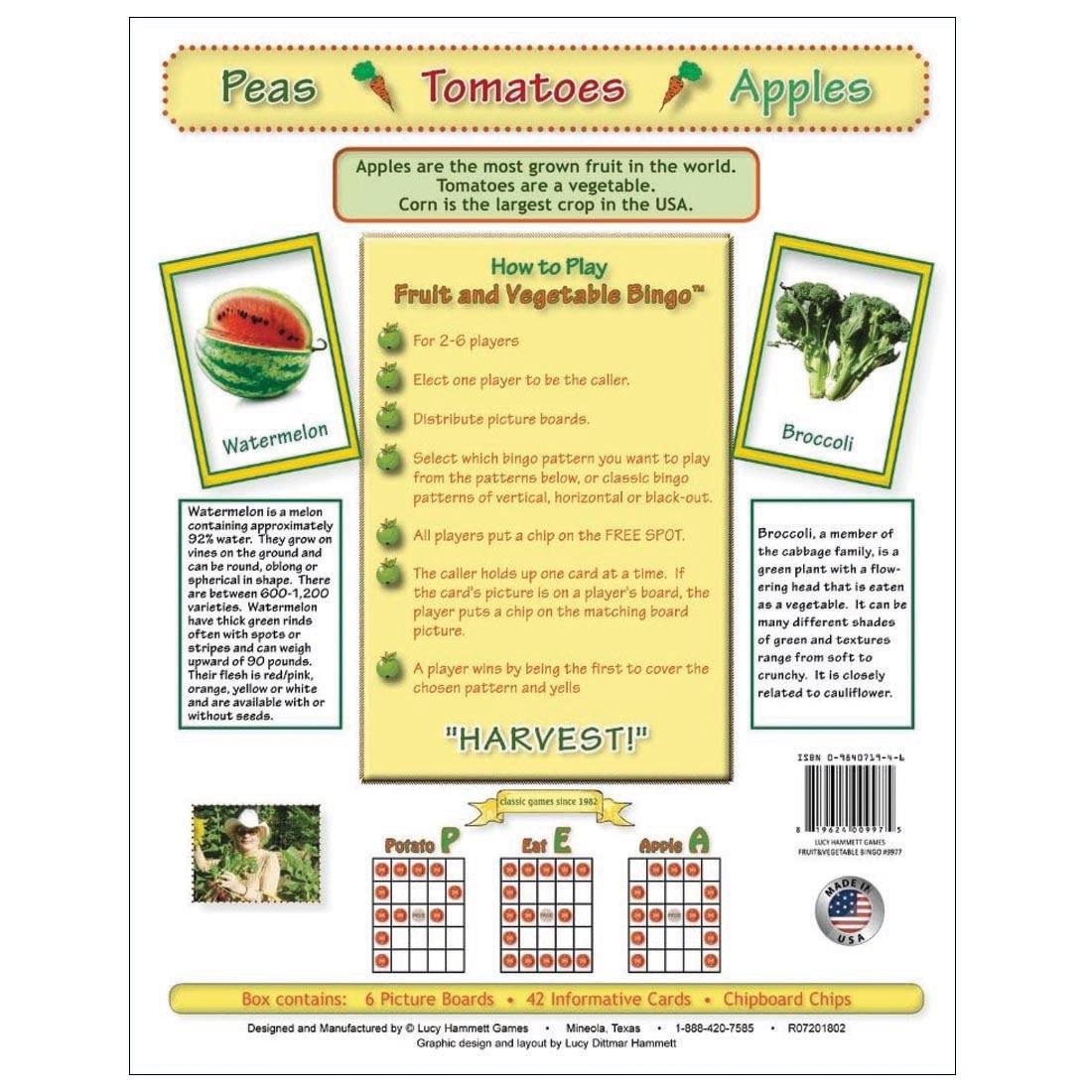back of package for Fruit And Vegetable Bingo