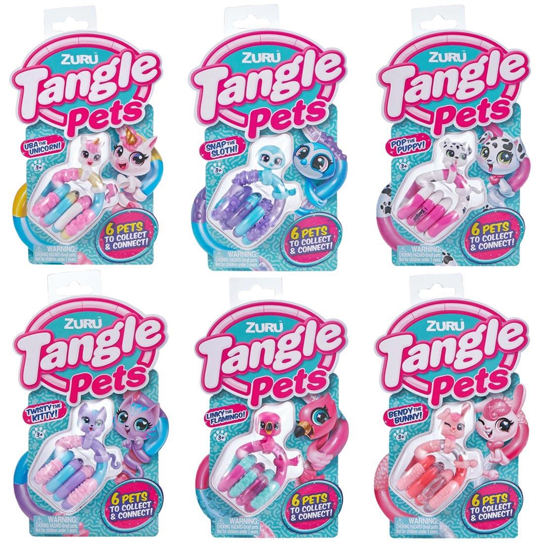 Six different Tangle Pets including unicorn, sloth, puppy, kitty, flamingo and bunny