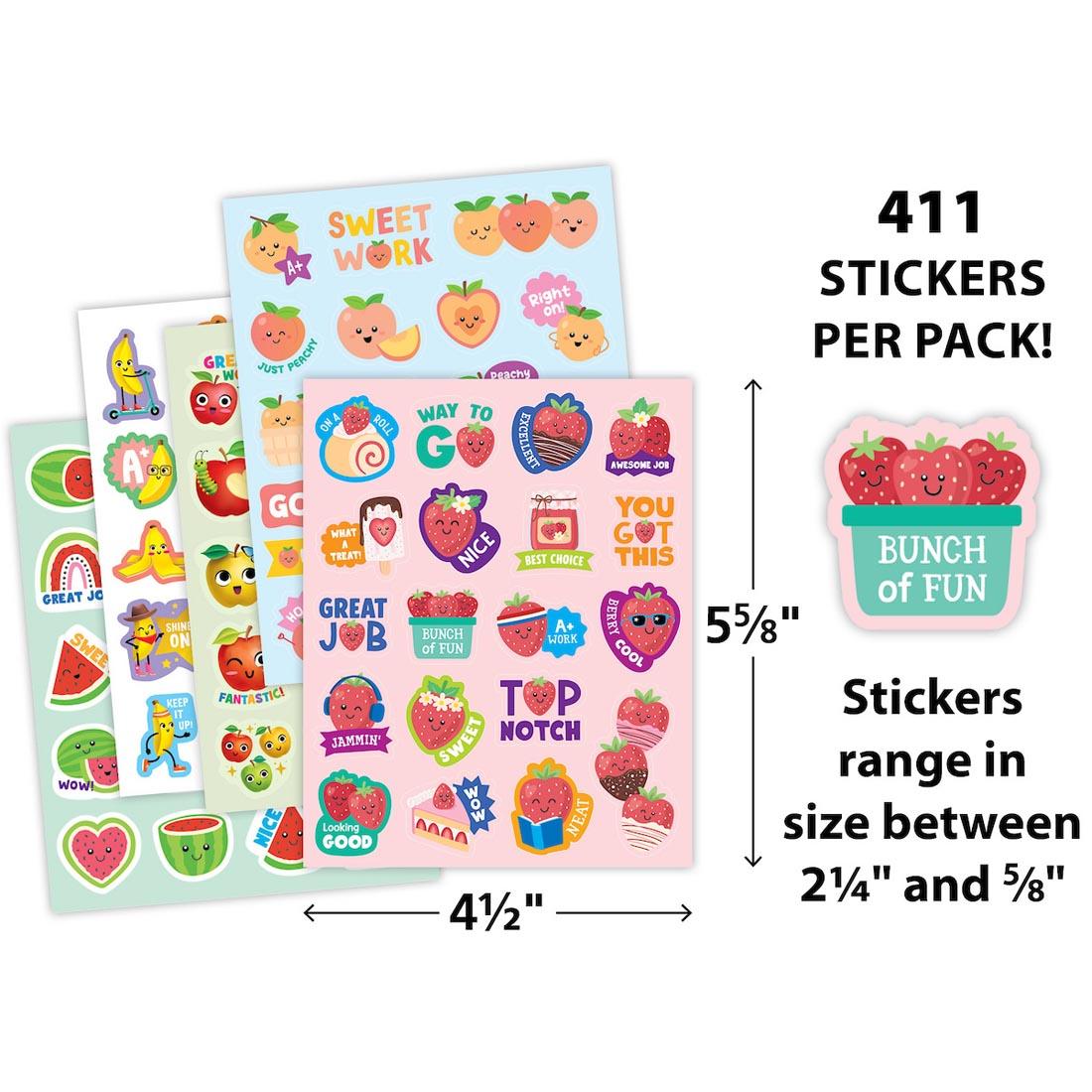 5 sheets plus a closeup of a sticker from Fruit Pop Smelly Stickers Variety Pack By Teacher Created Resources labeled with their measurements