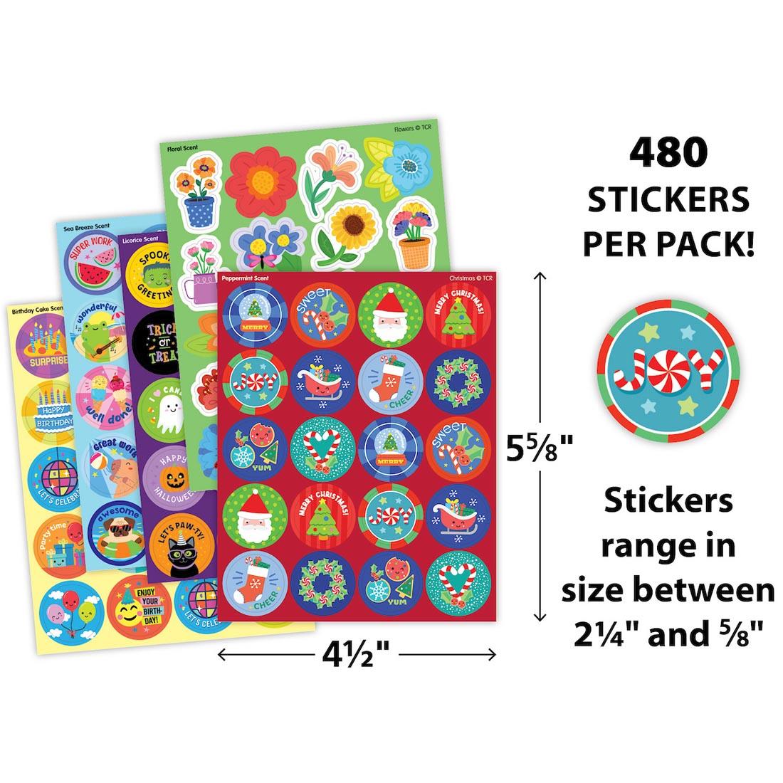 sticker sheets from Seasons & Holiday Smelly Stickers Variety Pack labeled with measurements 5-5/8"x4-1/2" and a sticker plus text 480 stickers per pack; stickers range in size between 2-1/4" and 5/8