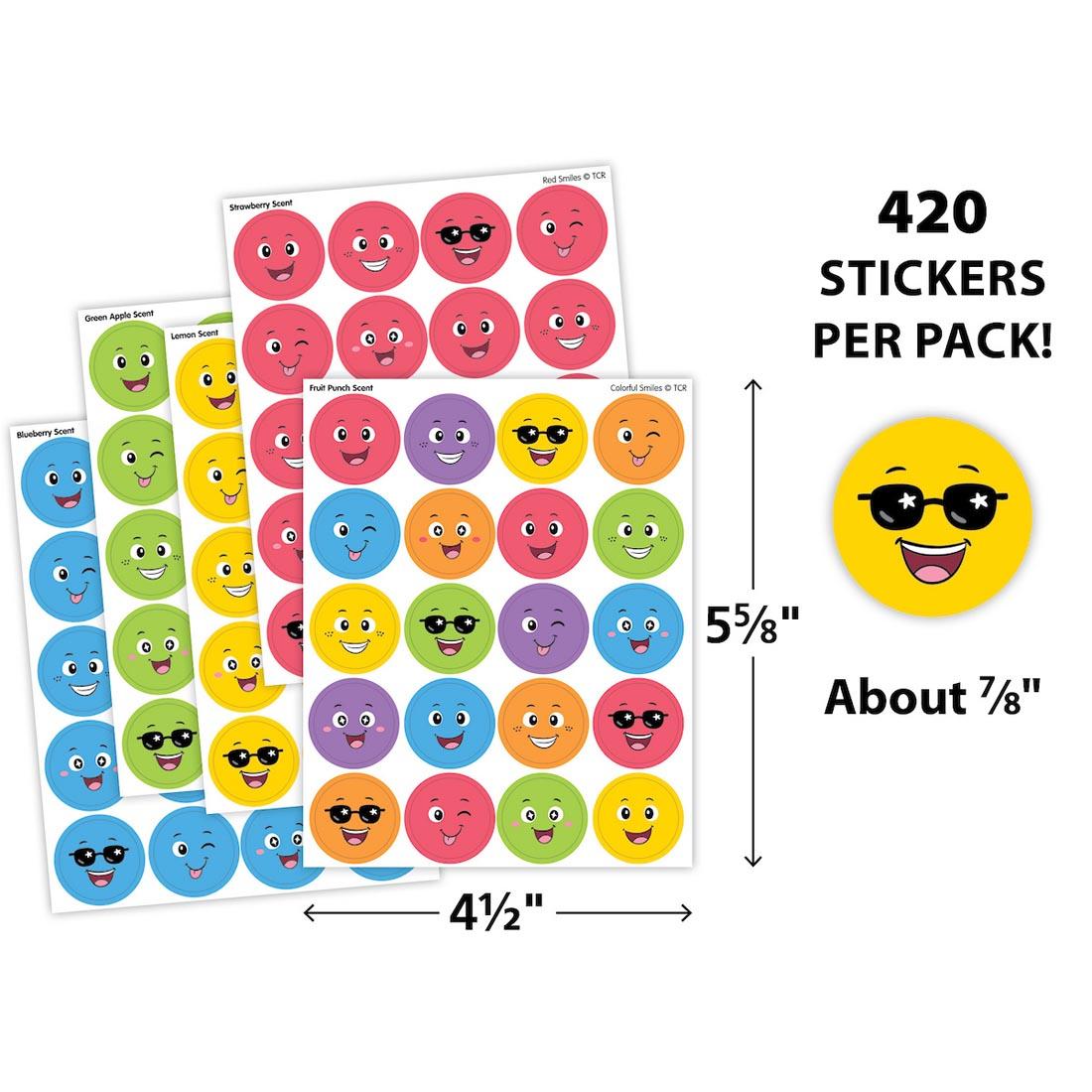 5 sheets plus a closeup of a sticker from All Smiles Smelly Stickers Variety Pack By Teacher Created Resources labeled with their measurements