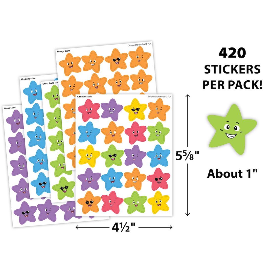 5 sheets plus a closeup of a sticker from Colorful Star Smiles Smelly Stickers Variety Pack By Teacher Created Resources plus text 5-5/8x4-1/2"; 420 stickers per pack! About 1"