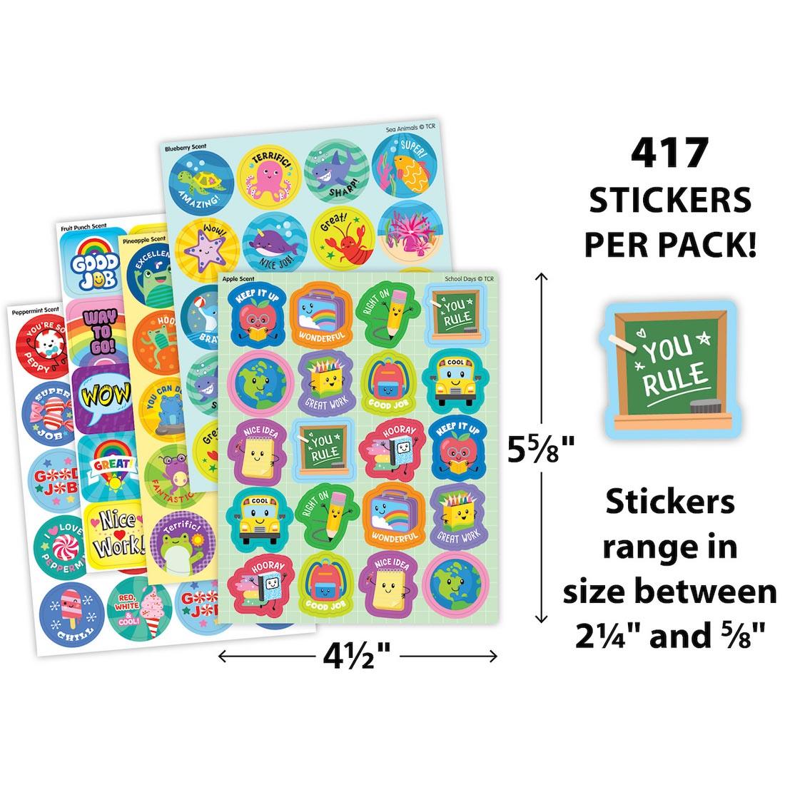 5 sheets plus a closeup of a sticker from Positive Words Smelly Stickers Variety Pack By Teacher Created Resources labeled with their measurements