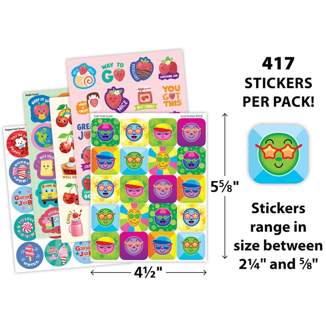 sticker sheets from Sweet Scents Smelly Stickers Variety Pack labeled with measurements 5-5/8"x4-1/2" and a sticker plus text 417 stickers per pack; stickers range in size between 2-1/4" and 5/8"