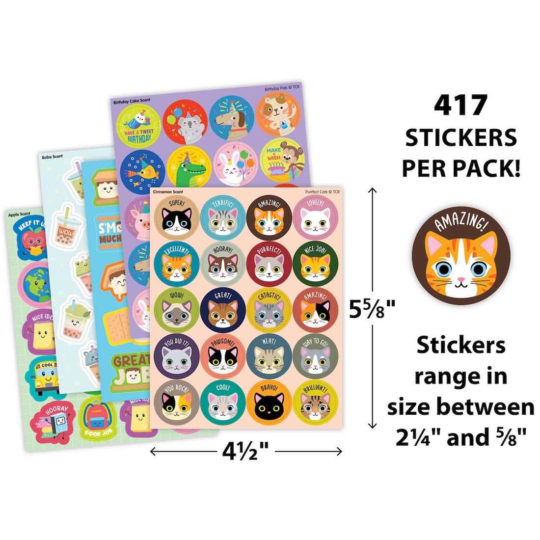 sticker sheets from Fun Favorites Smelly Stickers Variety Pack labeled with measurements 5-5/8"x4-1/2" and a sticker plus text 417 stickers per pack; stickers range in size between 2-1/4" and 5/8"