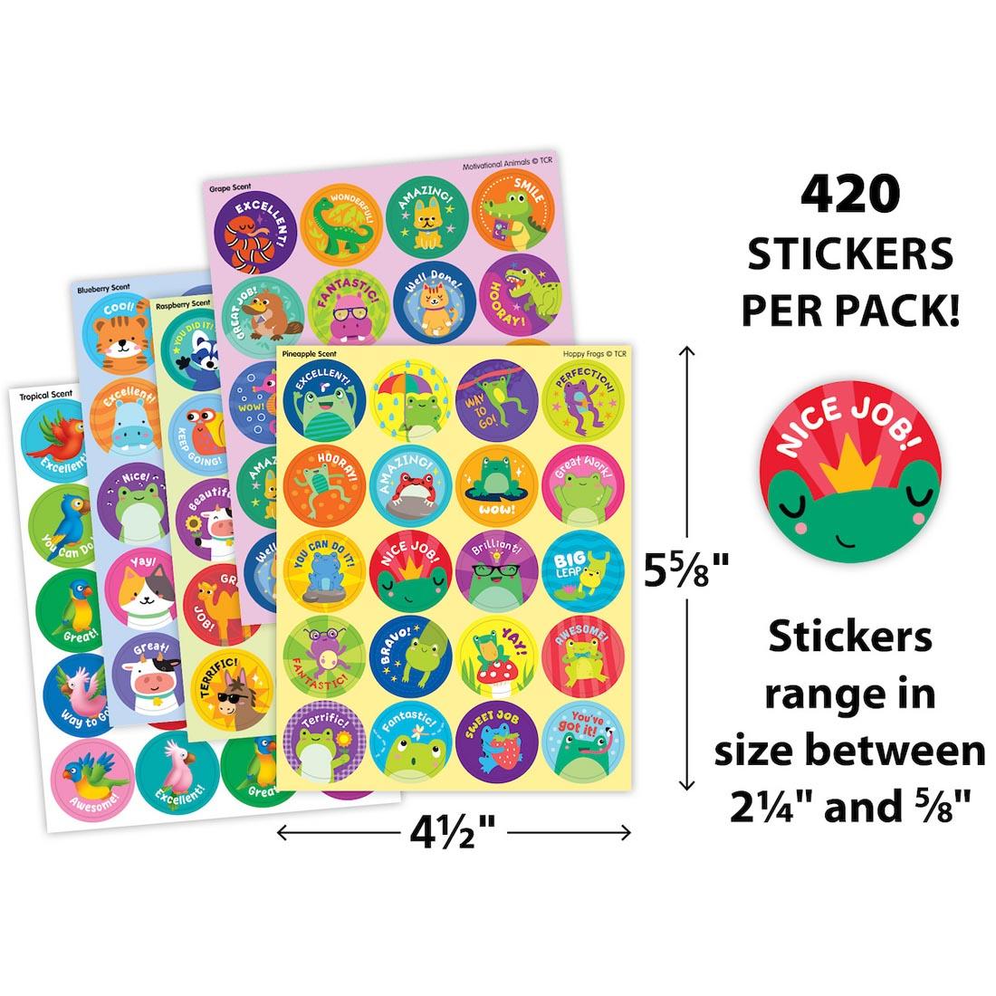 5 sheets plus a closeup of a sticker from Animal Friends Smelly Stickers Variety Pack By Teacher Created Resources labeled with their measurements