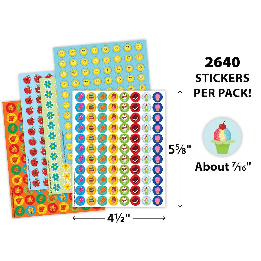 sticker sheets from Seasons Mini Stickers Variety Pack labeled with measurements 5-5/8"x4-1/2" and a sticker plus text 2640 stickers per pack! About 7/16"