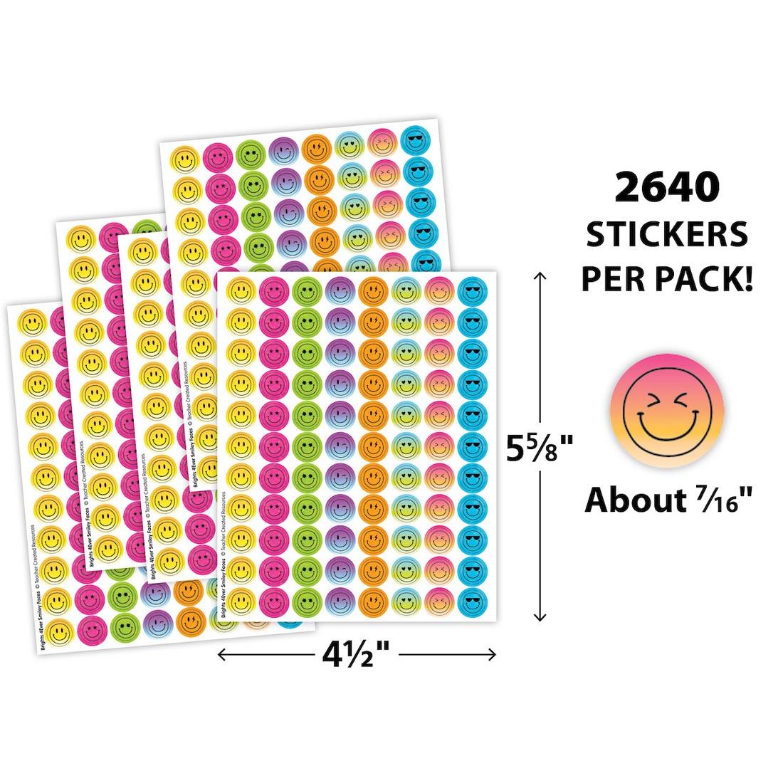 sticker sheets from Brights 4Ever Smiley Faces Mini Stickers Value Pack labeled with measurements 5-5/8"x4-1/2" and a sticker plus text 2640 stickers per pack! About 7/16"