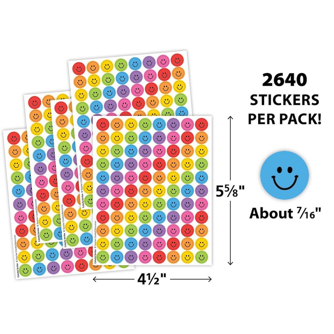 sticker sheets from Colorful Smiles Mini Stickers Value Pack labeled with measurements 5-5/8"x4-1/2" and a sticker plus text 2640 stickers per pack! About 7/16"