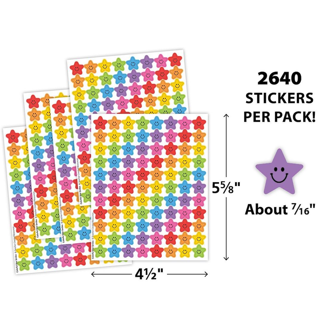 sticker sheets from Colorful Star Smiles Mini Stickers Value Pack labeled with measurements 5-5/8"x4-1/2" and a sticker plus text 2640 stickers per pack! About 7/16"