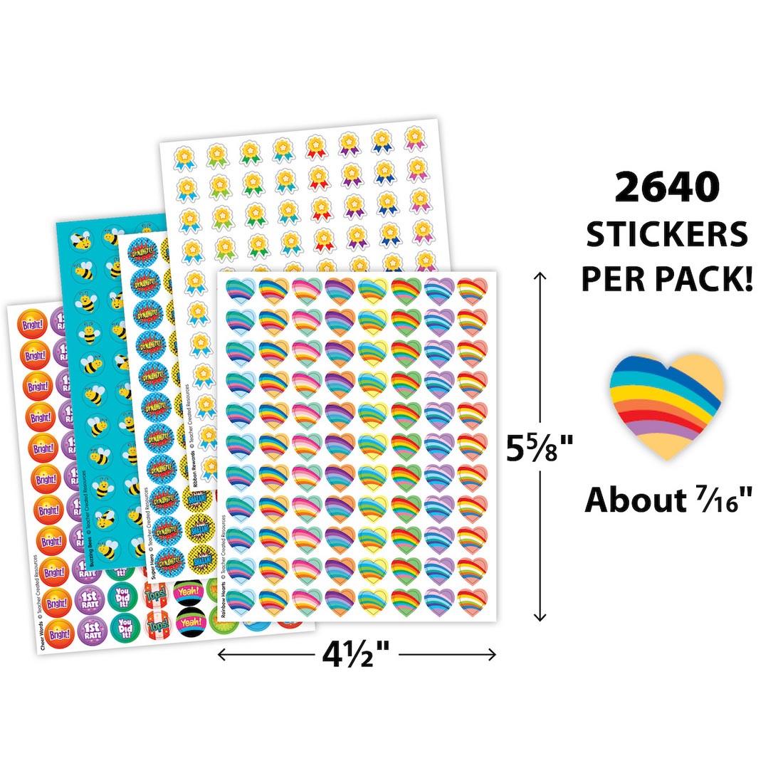 sticker sheets from Be Positive Mini Stickers Variety Pack labeled with measurements 5-5/8"x4-1/2" and a sticker plus text 2640 stickers per pack! About 7/16"