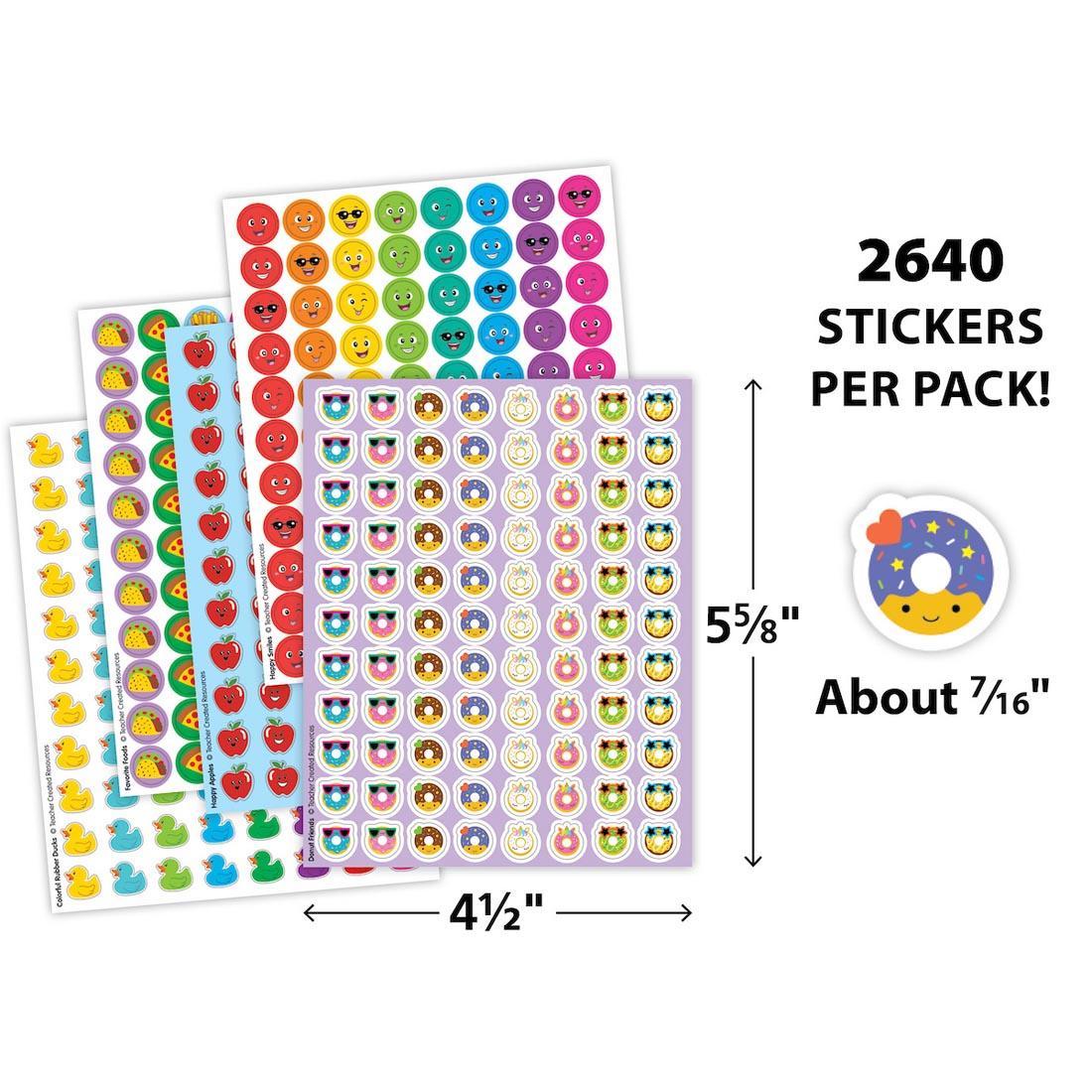 sticker sheets from Awesome Assortment Mini Stickers Variety Pack labeled with measurements 5-5/8"x4-1/2" and a sticker plus text 2640 stickers per pack! About 7/16"