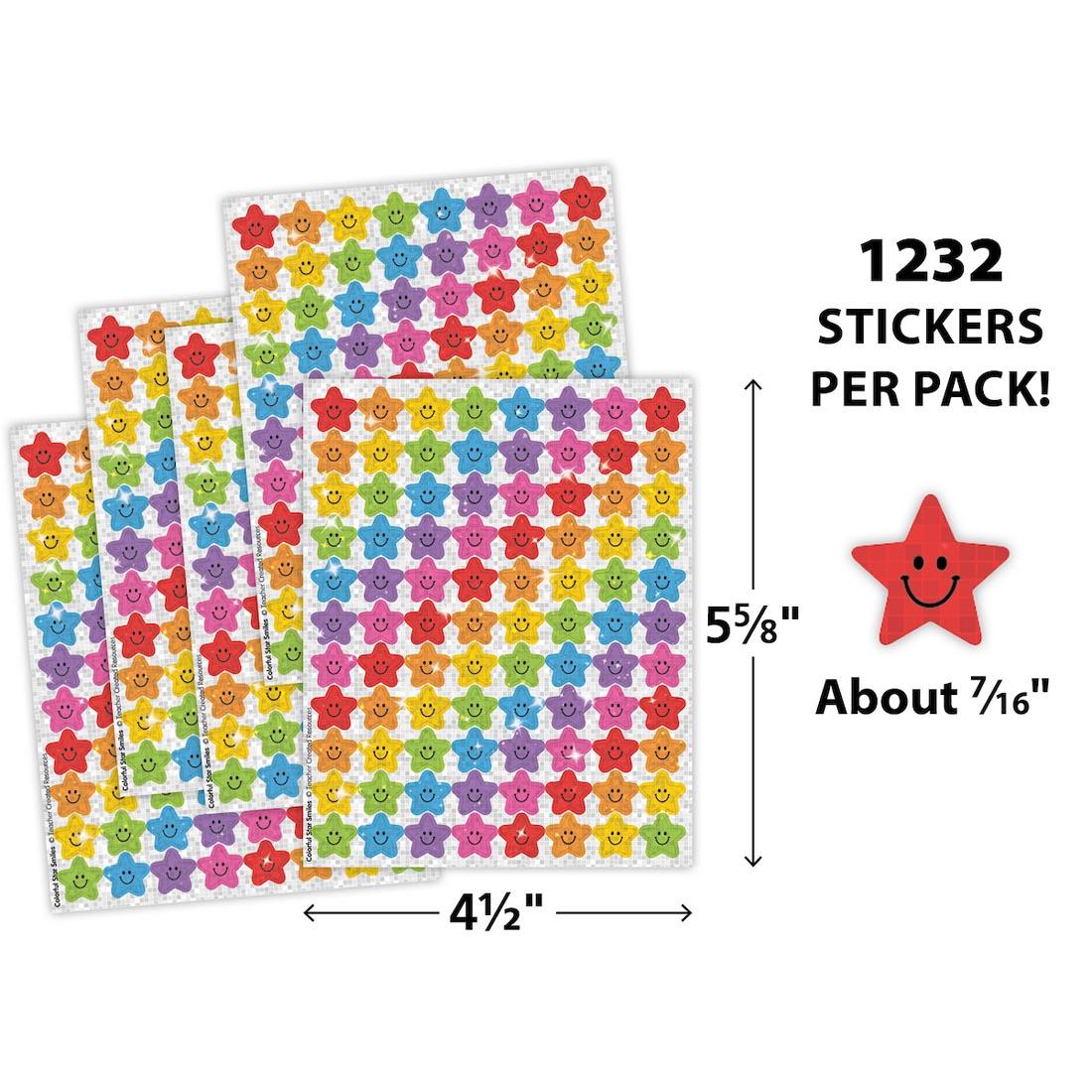 sticker sheets from Colorful Star Smiles Sparkle Mini Stickers Value Pack labeled with measurements 5-5/8"x4-1/2" and a sticker plus text 1232 stickers per pack! About 7/16"