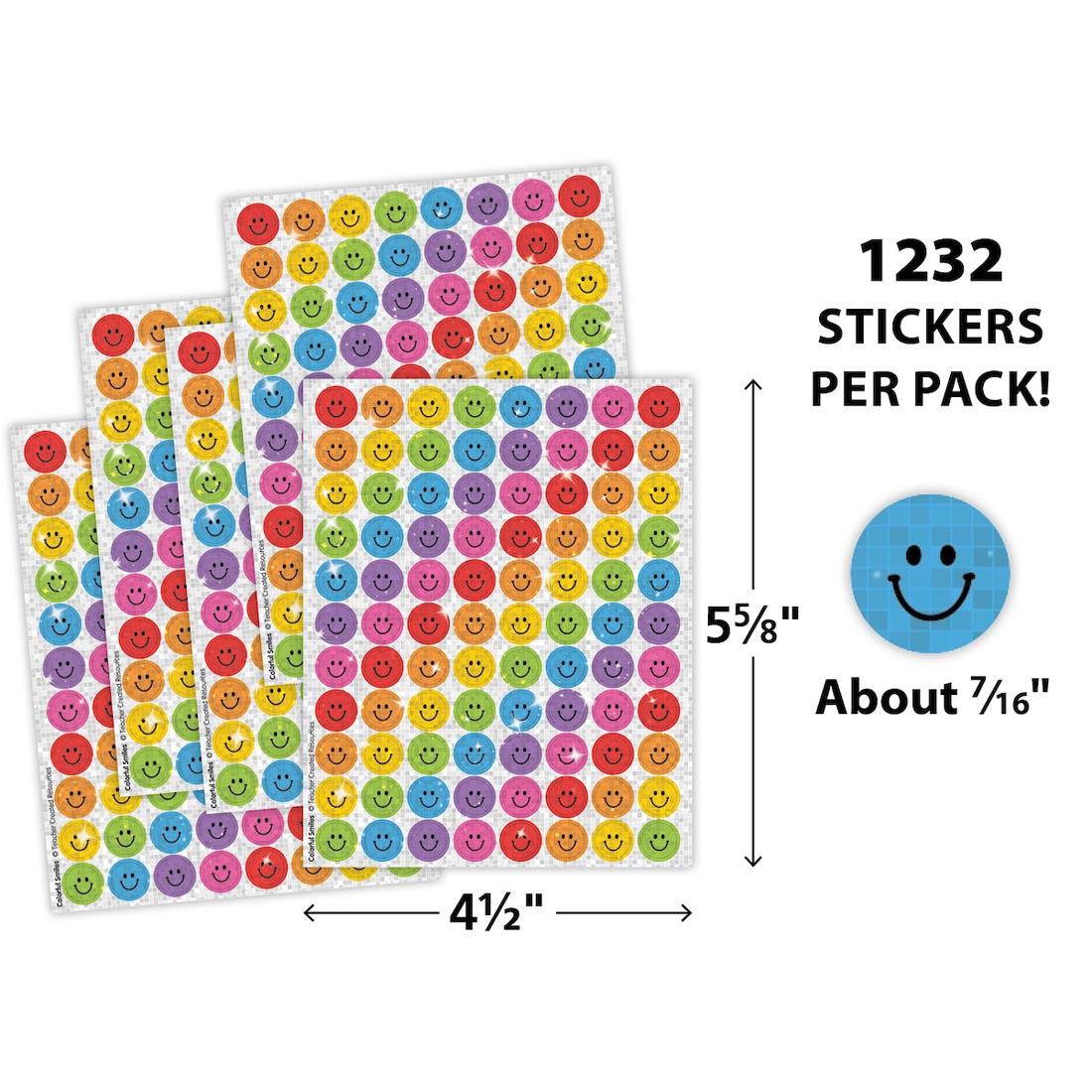 sticker sheets from Colorful Smiles Sparkle Mini Stickers Value Pack labeled with measurements 5-5/8"x4-1/2" and a sticker plus text 1232 stickers per pack! About 7/16"