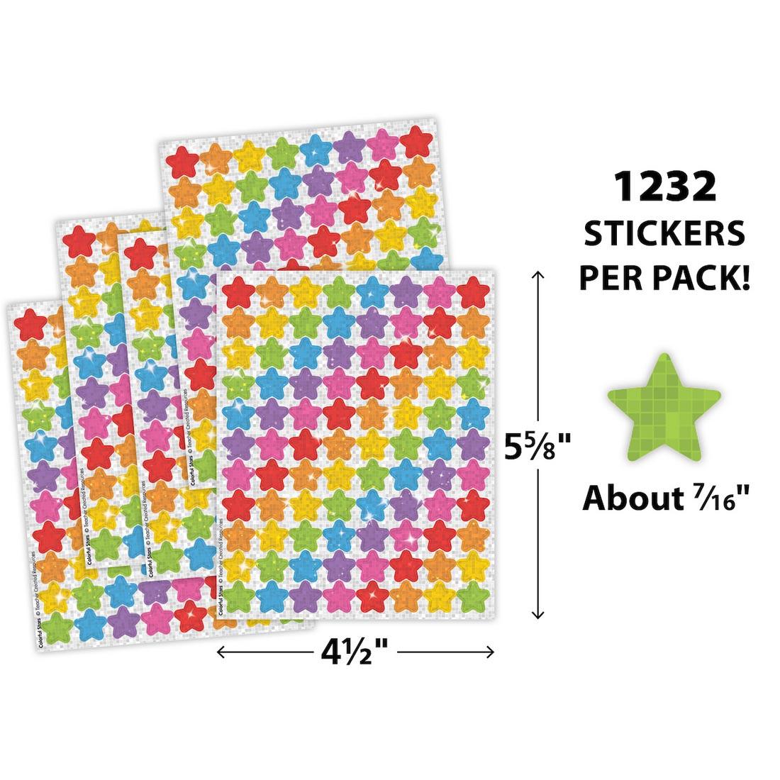 sticker sheets from Colorful Stars Sparkle Mini Stickers Value Pack labeled with measurements 5-5/8"x4-1/2" and a sticker plus text 1232 stickers per pack! About 7/16"