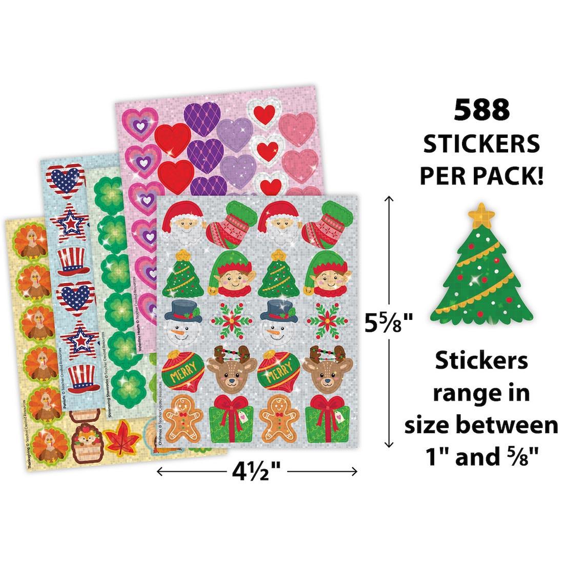 sticker sheets from Holiday Celebration Sparkle Stickers Variety Pack labeled with measurements 5-5/8"x4-1/2" and a sticker plus text 588 stickers per pack! stickers range in size between 1" and 5/8"