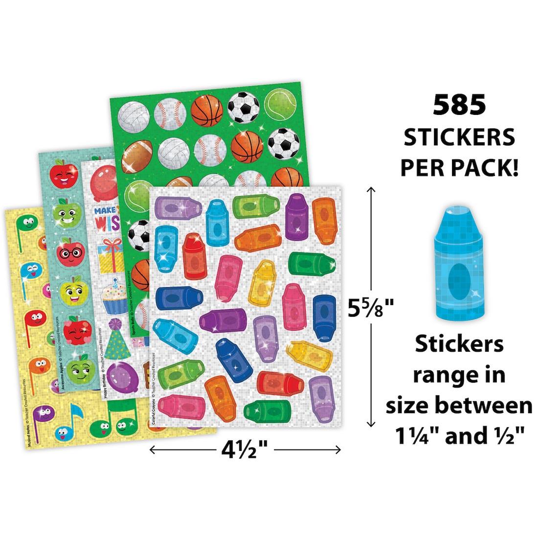 sticker sheets from School Days Sparkle Stickers Variety Pack labeled with measurements 5-5/8"x4-1/2" and a sticker plus text 585 stickers per pack! stickers range in size between 1-1/4" and 1/2"