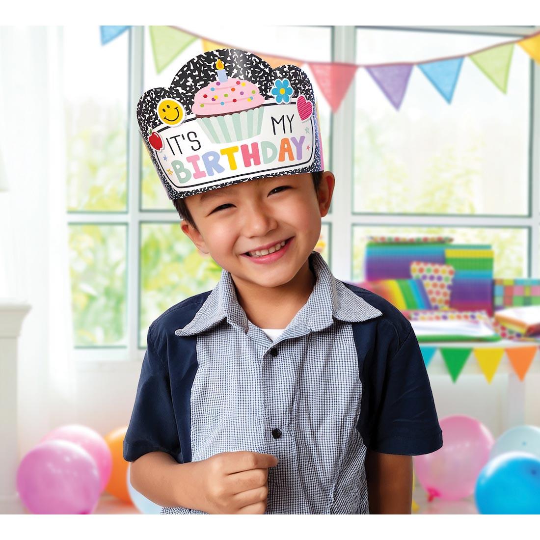 child wearing an It's My Birthday Crown from the Cool For School collection by Teacher Created Resources
