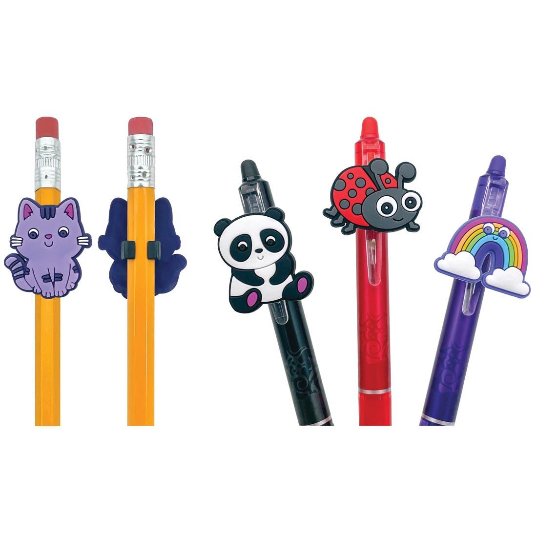 2 pencils and 3 pens, each with a Pencil Charm By Teacher Created Resources attached