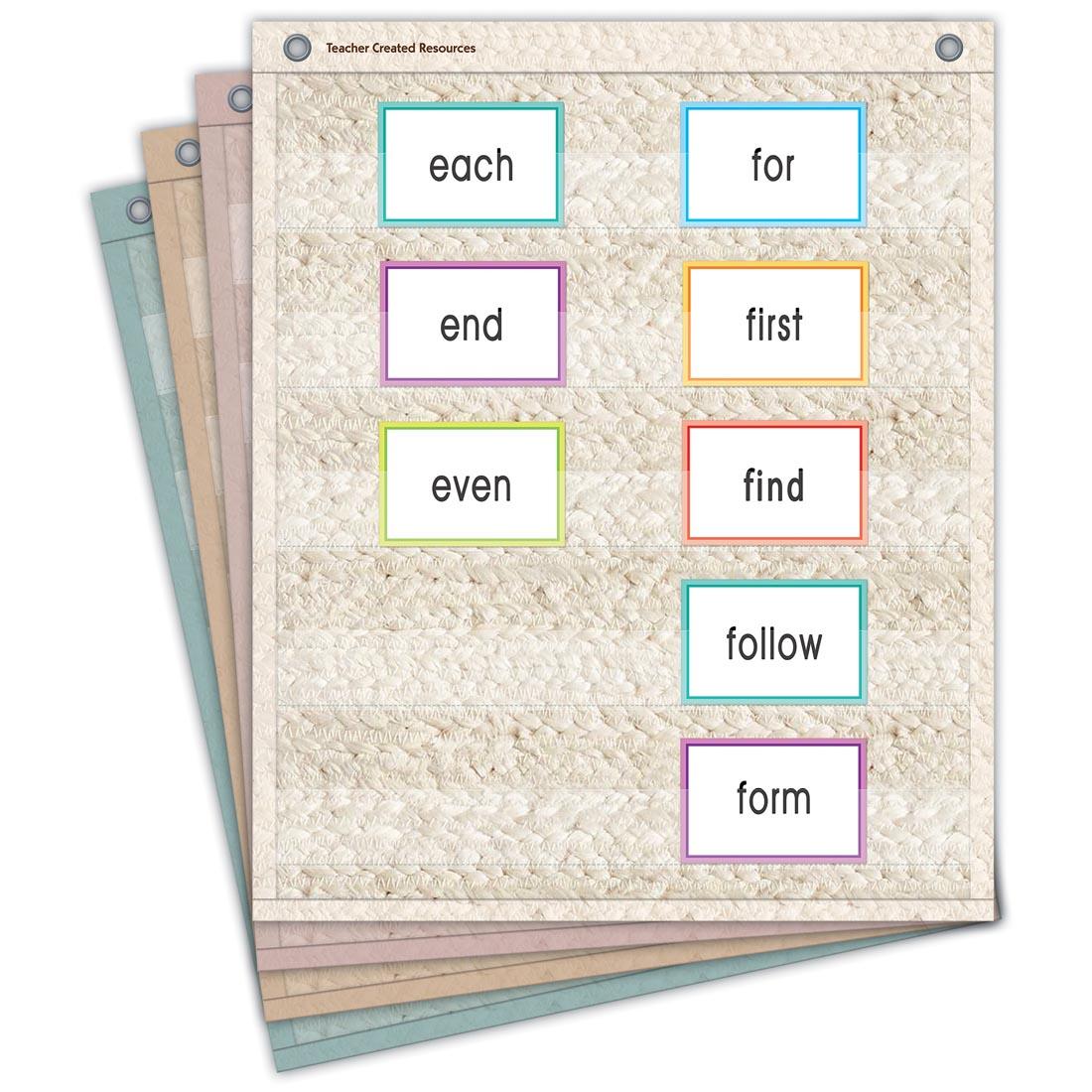 Stack of charts from Woven Magnetic Mini Pocket Charts By Teacher Created Resources with cards in the top one
