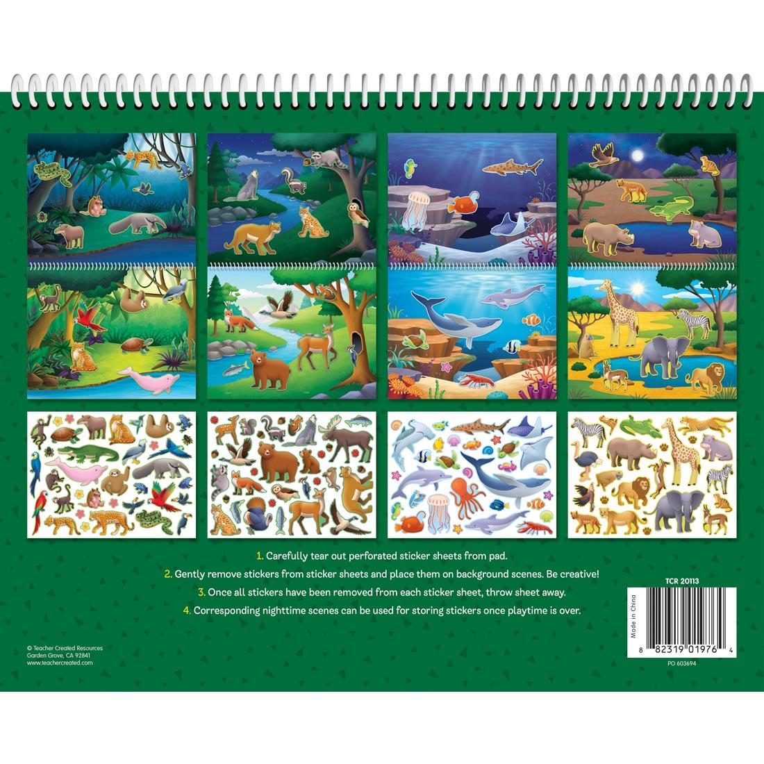 The back of the pad showing contents of the Animal Habitats Reusable Sticker Pad