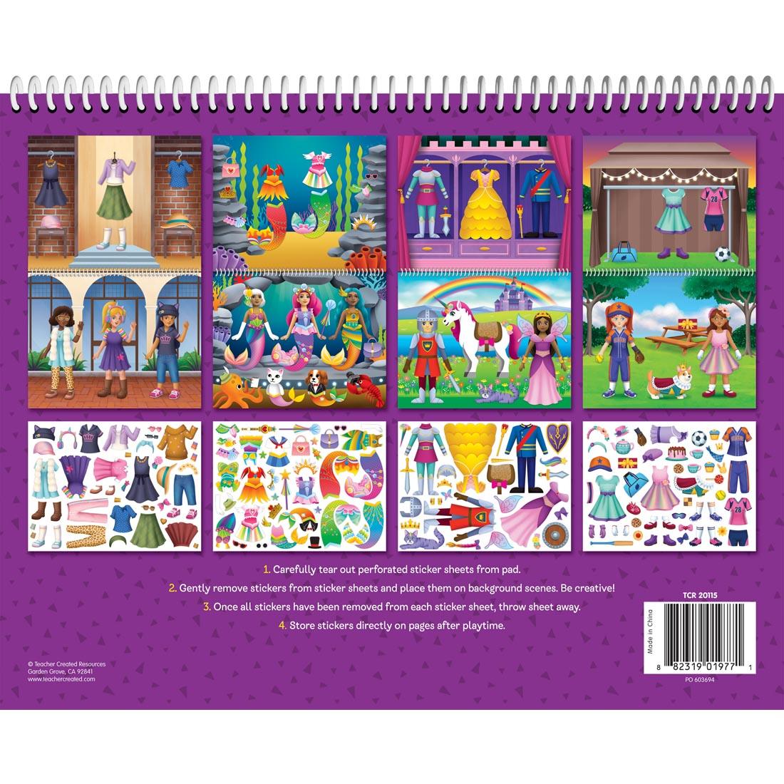 Back cover showing contents of the Fashion Friends Dress-Up Reusable Sticker Pad