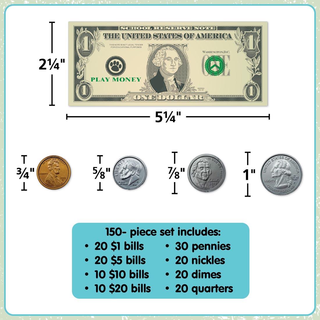 dollar bill and coins from the Play Money Set By Teacher Created Resources each labeled with their measurements and quantities