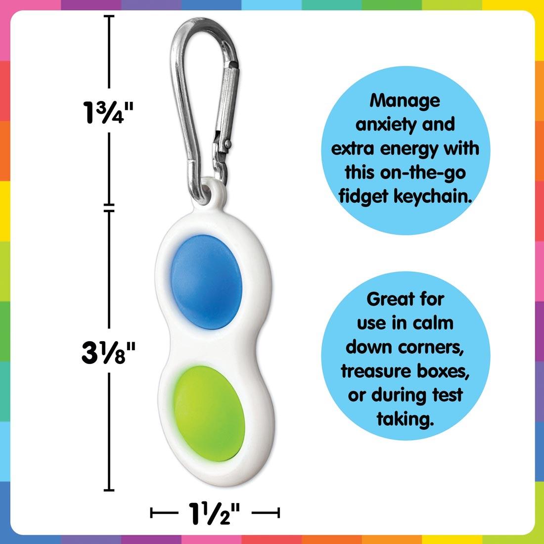 Blue And Green Fidget Popper Keychain plus text Manage anxiety and extra energy with this on-the-go fidget keychain. Great for use in calm down corners, treasure boxes, or during test taking