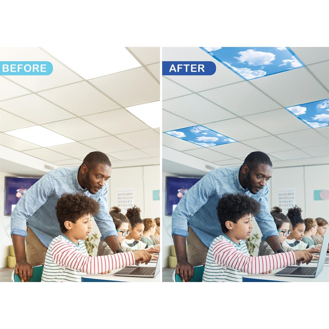 a classroom labeled before and after when lights are covered by Clouds Calming Covers Ceiling Light Filters