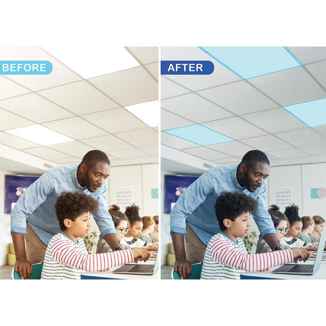 2 pictures of a classroom, labeled Before and After using Light Blue Calming Covers Ceiling Light Filters By Teacher Created Resources