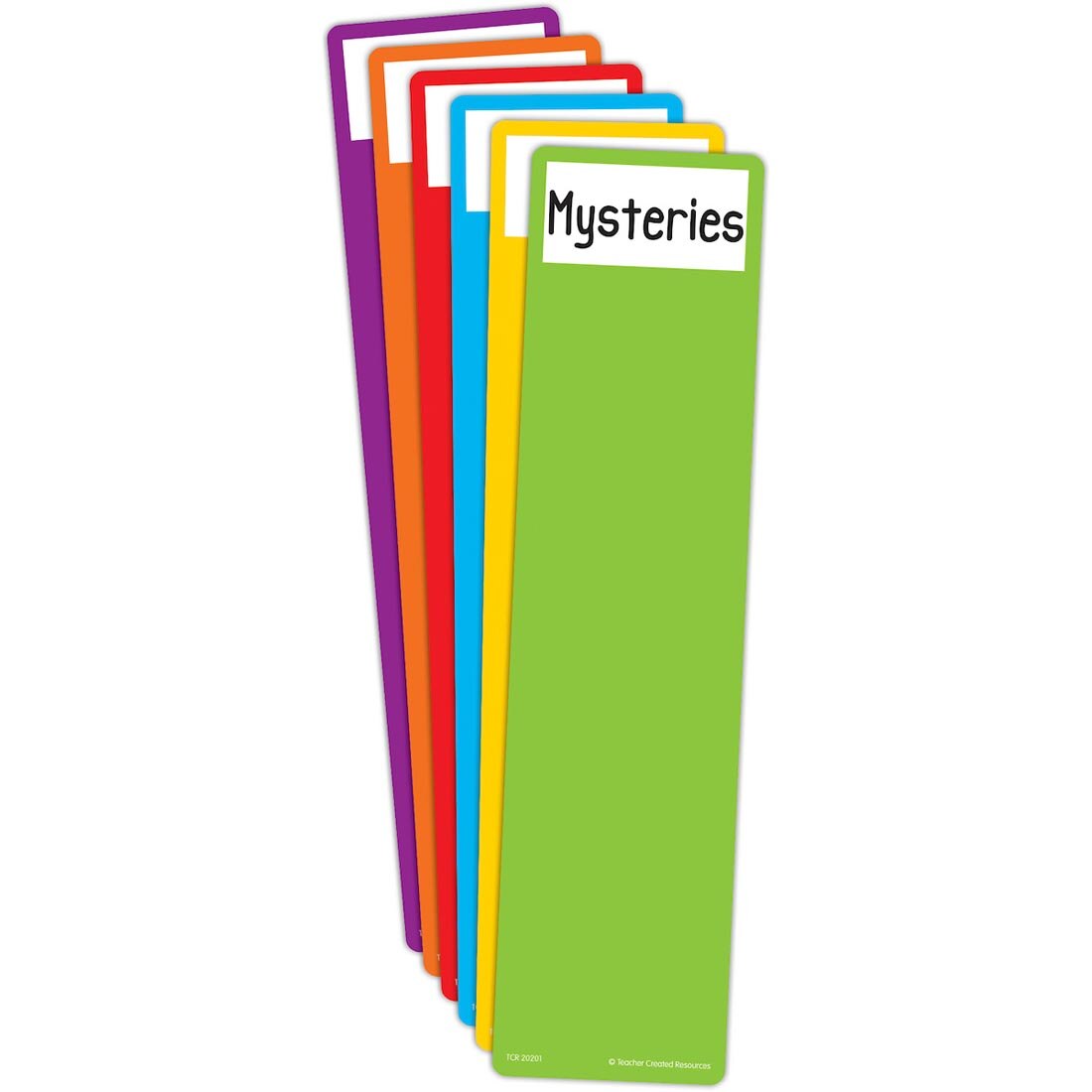 stack of 6 Library Book Dividers By Teacher Created Resources with Mysteries written on the top one