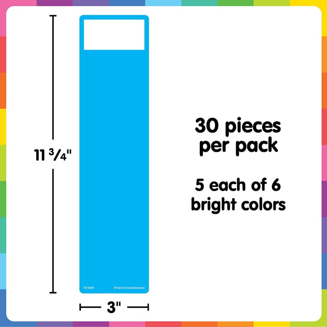 Library Book Divider By Teacher Created Resources labeled with measurements 11-3/4 x 3" plus text 30 pieces per pack; 5 each of 6 bright colors
