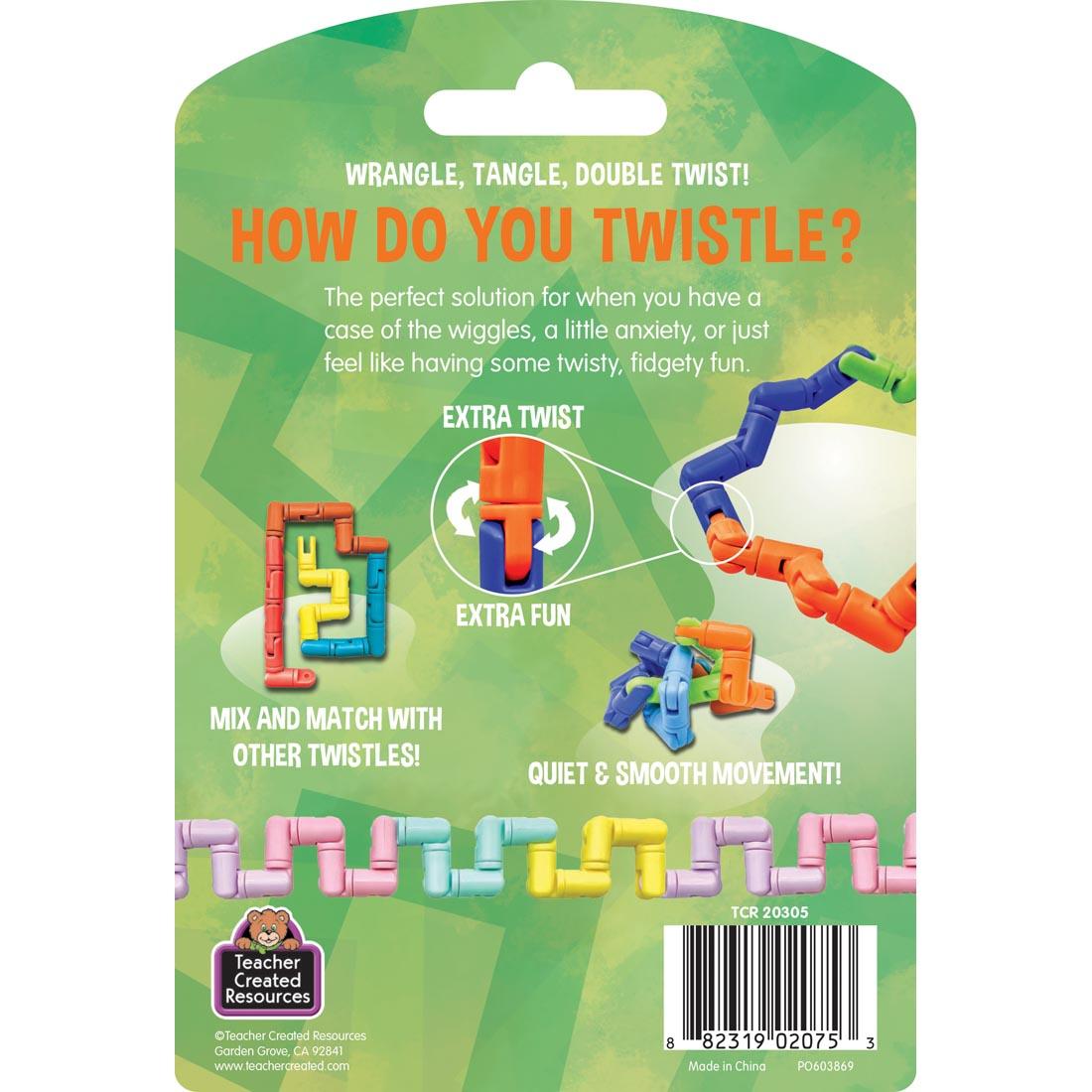 back of package of Twistle Double Twist Bright Splash Fidget Toy By Teacher Created Resources