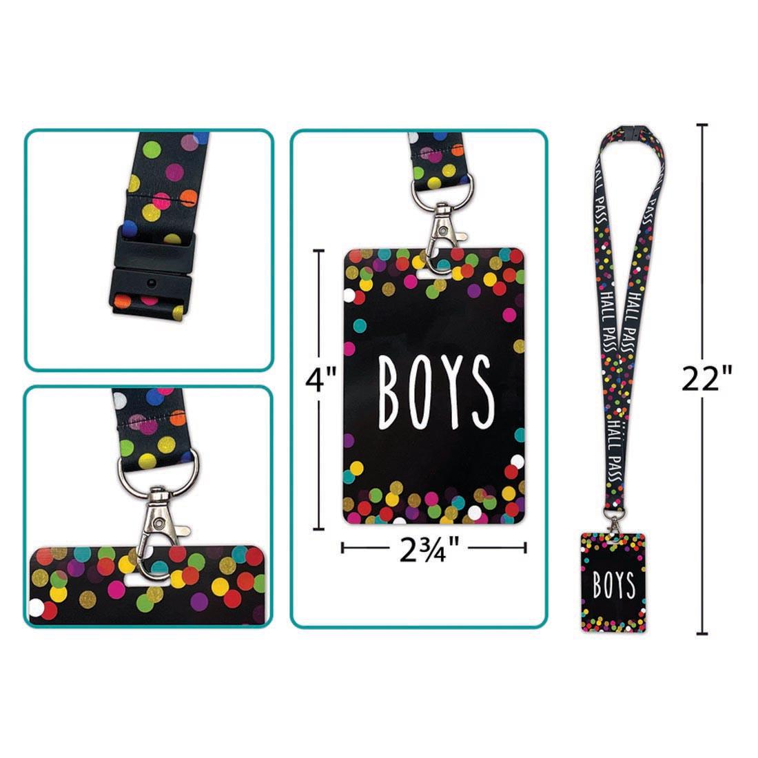 the Boys Pass Lanyard from the Confetti collection by Teacher Created Resources labeled with its measurements