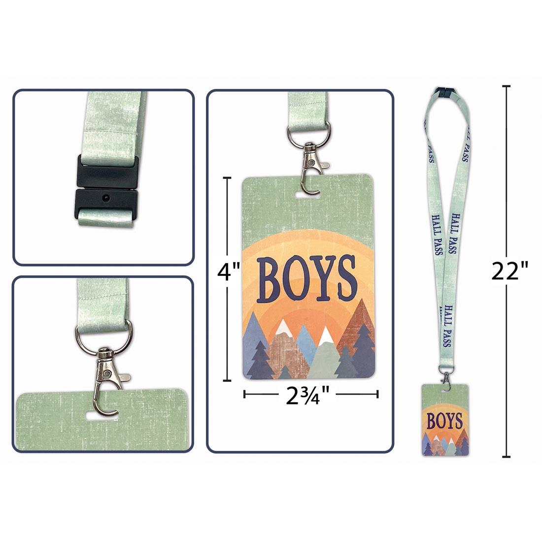 closeup views of the parts of Hall Pass Lanyards from the Moving Mountains collection by Teacher Created Resources labeled with their measurements