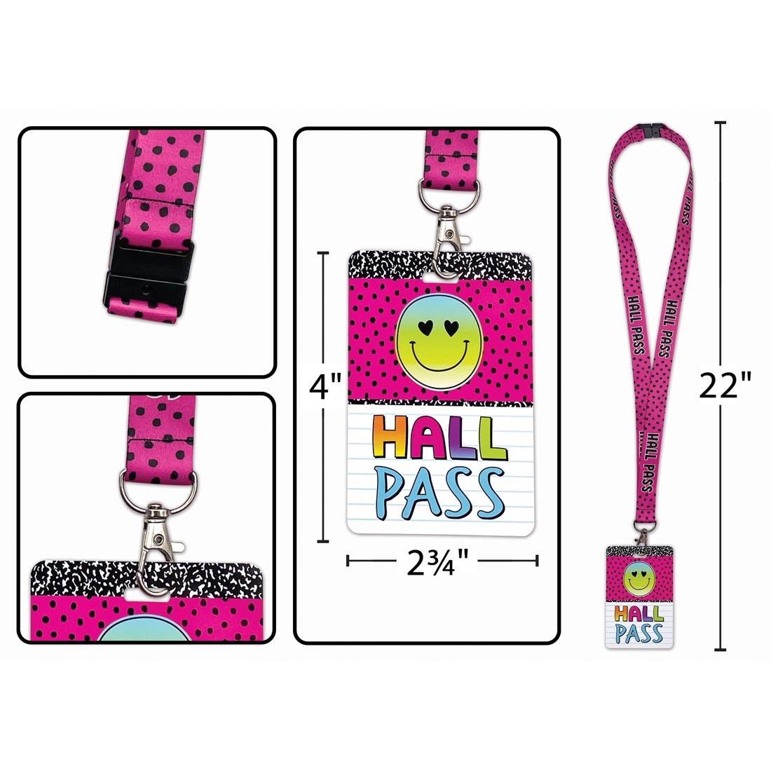 closeup views of the parts of Hall Pass Lanyards from the Brights 4Ever collection by Teacher Created Resources labeled with their measurements