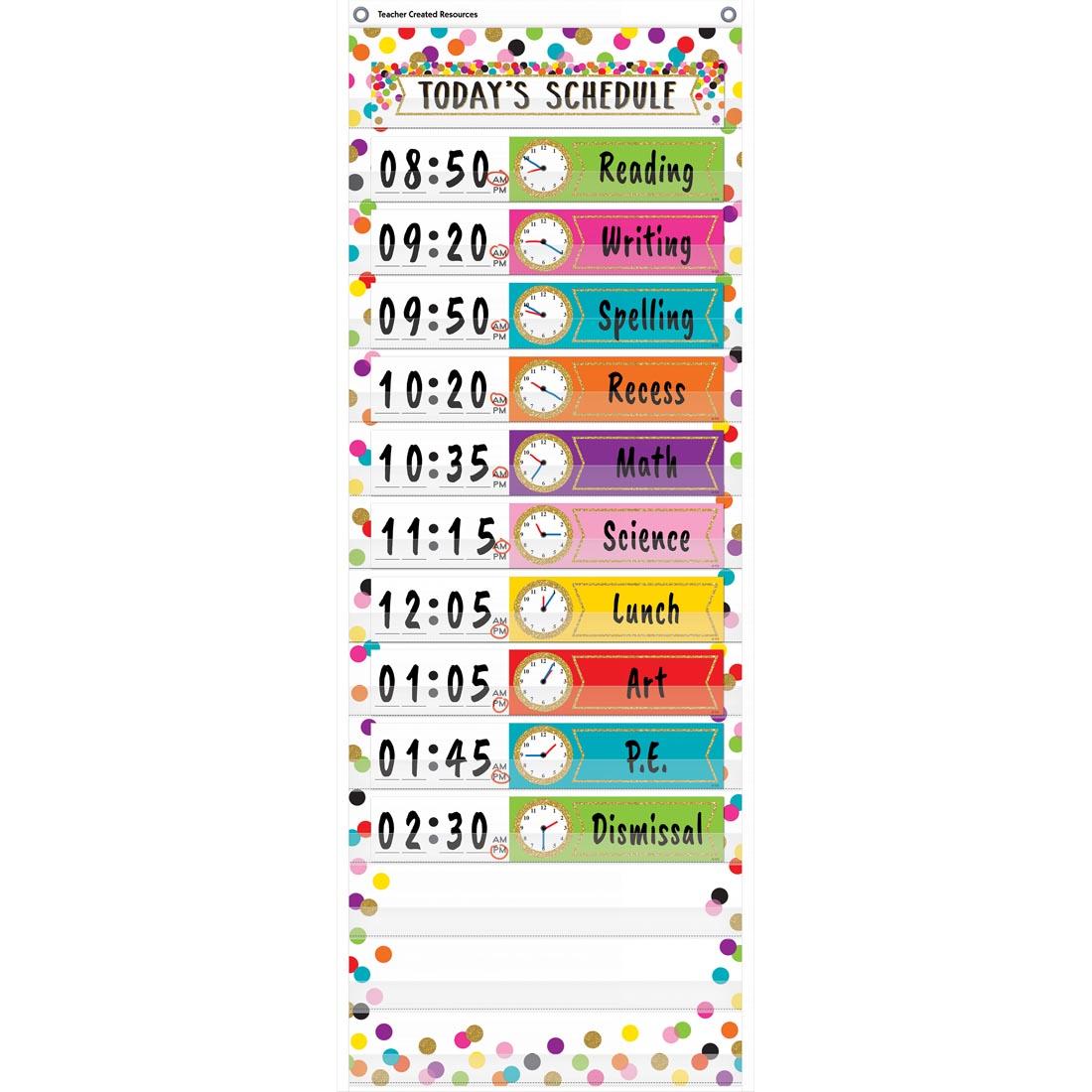 Confetti 14-Pocket Daily Schedule Pocket Chart By Teacher Created Resources with activities and times written in