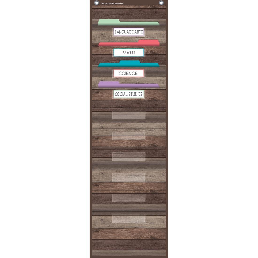 Dark Wood 10-Pocket File Storage Pocket Chart By Teacher Created Resources holding file folders and with labels applied