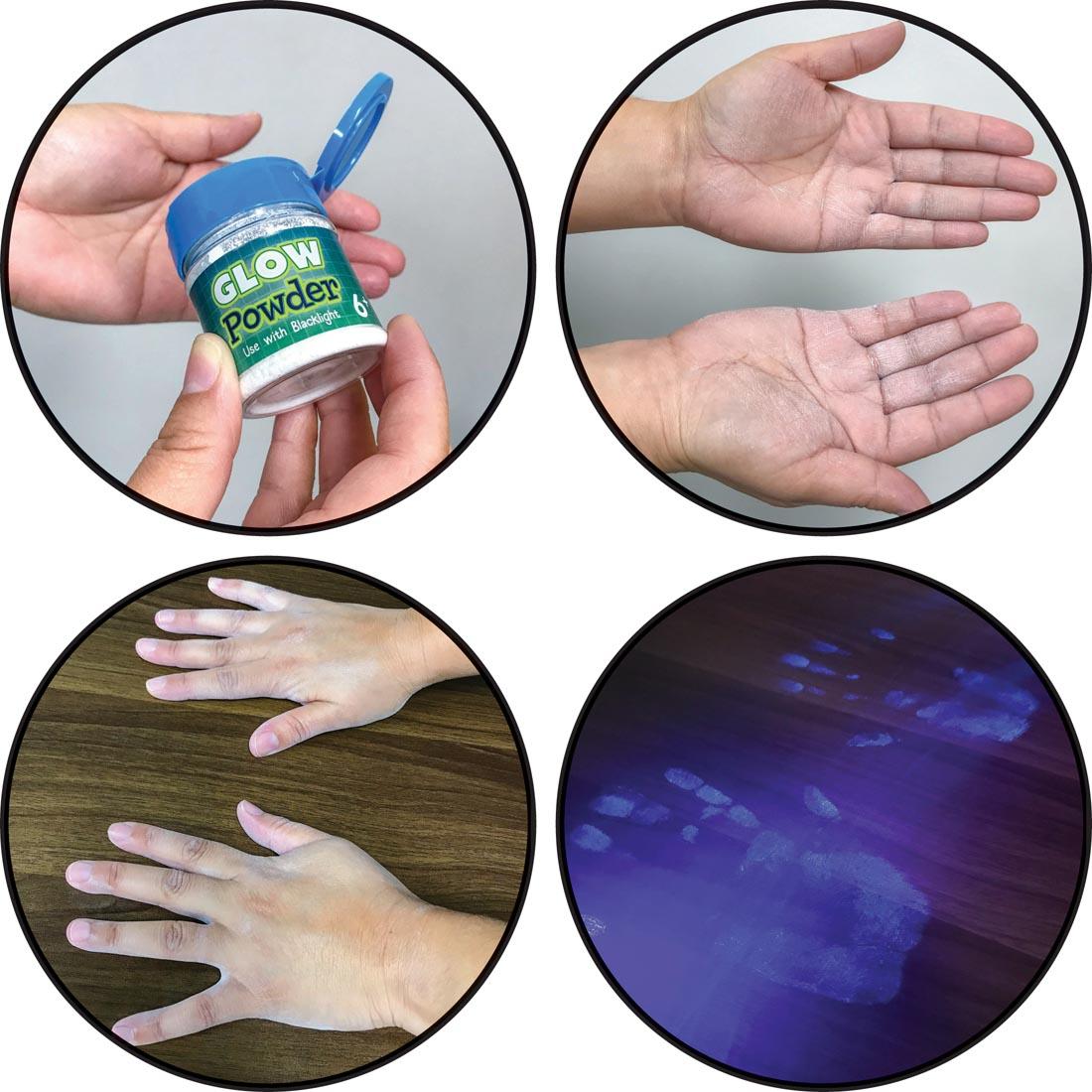 Four circles showing the sequence of how to use the Germ Tracker Germ Sleuthing Kit