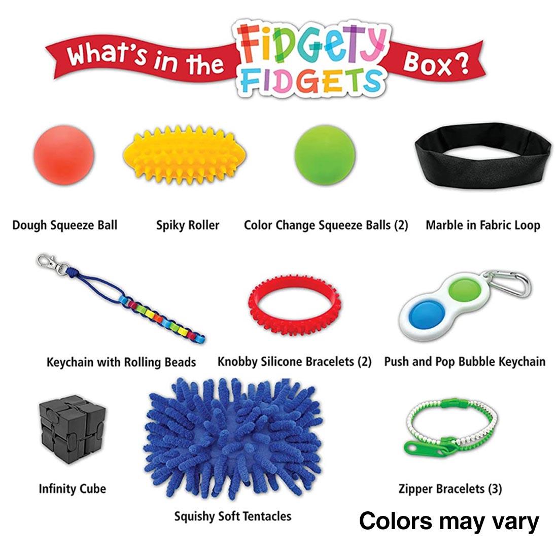 Contents of the Fidgety Fidgets Box each labeled with their name