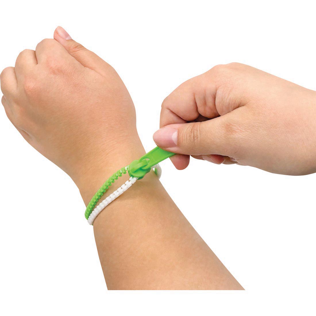 Person wearing a zipper bracelet from the Fidgety Fidgets Box By Teacher Created Resources