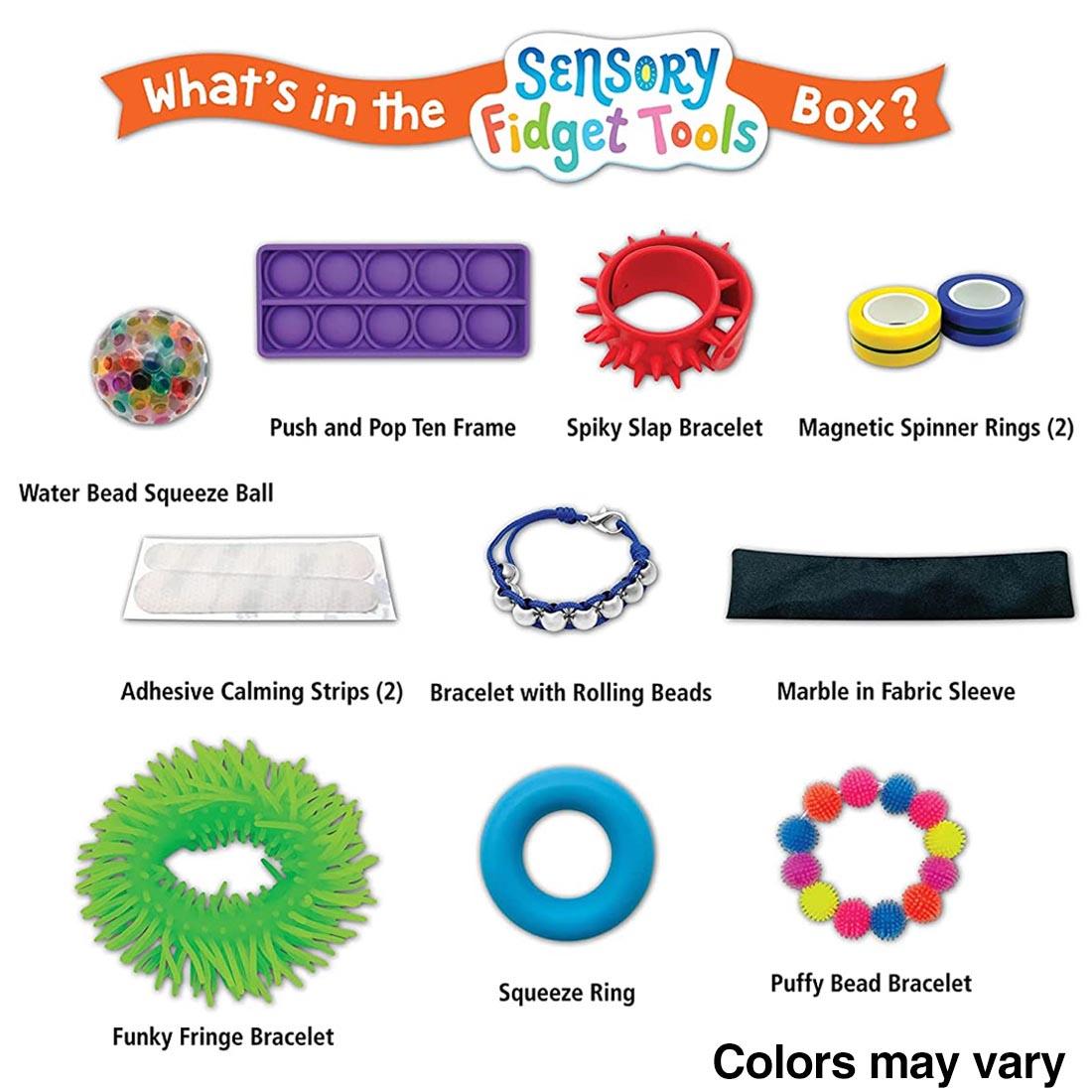 contents of the Sensory Fidget Tools Box each labeled with their name