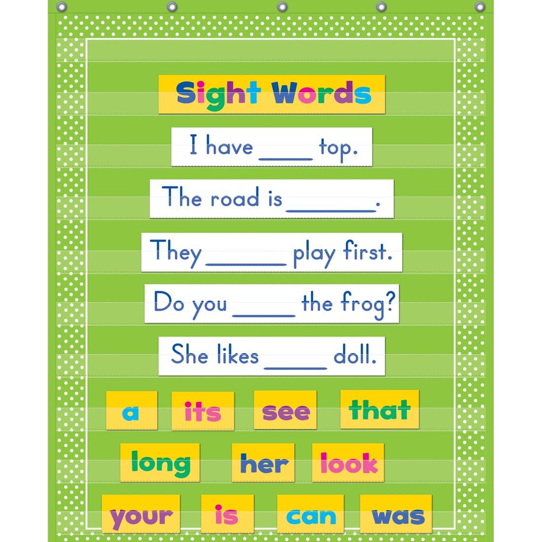 Lime Polka Dots 10-Pocket Chart shown in-use with example cards inserted